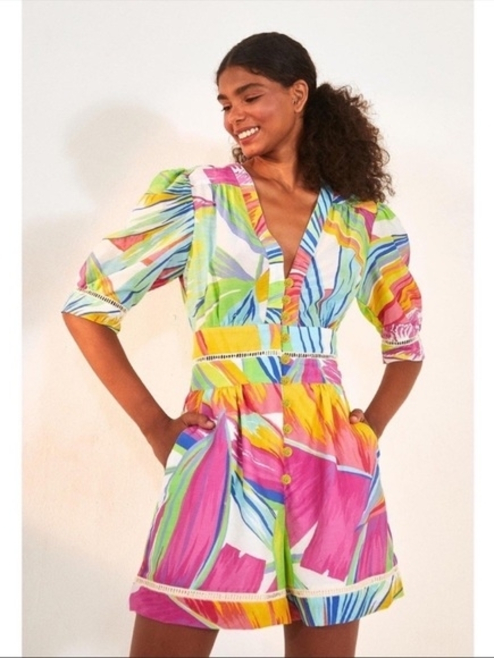 Farm Rio Rainbow Leafs Romper Sleeved Jumpsuit L